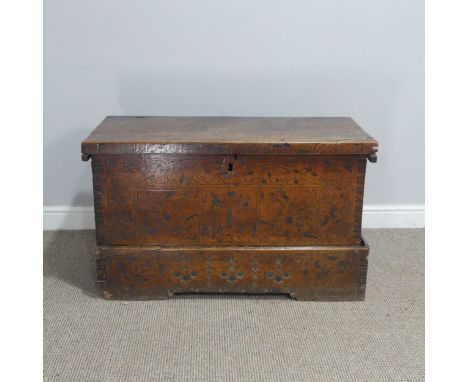 An 18th century Portuguese cedarwood Box/Trunk,&nbsp;with pokerwork and pyrography decoration, W 97 cm x H 58 cm x D 45.5 cm,