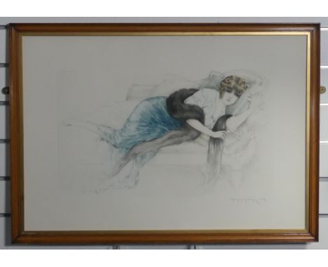 Maurice Millière (French 1871-1946), A young woman reclining on a day bed, colour drypoint etching, limited edition No.69, si