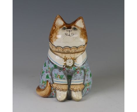 A Joan and David De Bethel, Rye Pottery, Floral Cat, with glass eyes and hand-painted decoration, the base hand inscribed in 