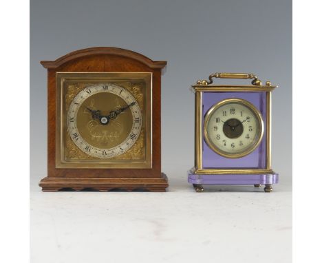 A 20th century brass and purple glass cased carriage Clock, the white dial with Arabic numerals, H 12 cm, together with a mah