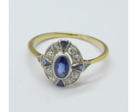 An Art Deco sapphire and diamond dress ring, tests as 18ct gold and platinum, c.1920's, 2g, O