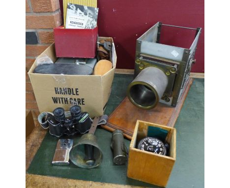 A magic lantern case, a pair of binoculars, ship's compass, lock safe with key and a Paterson contact printer, etc.