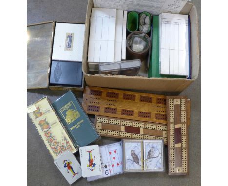 Bridge and whist playing cards, tins, bridge rules, etc.