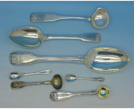 A Victorian silver tablespoon, London 1839, a white metal ladle marked FS FS, one other silver table spoon and four silver co