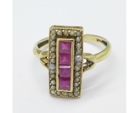 A 9ct gold, ruby and pearl ring, 2.4g, M