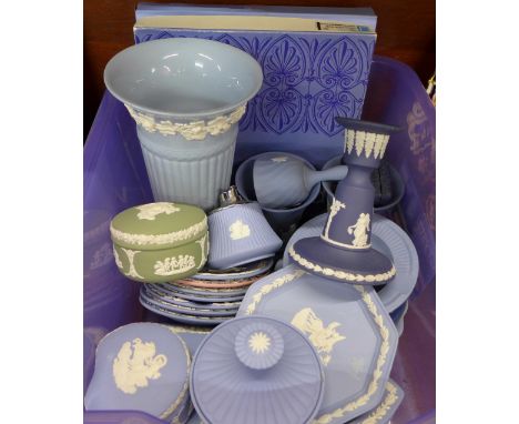A large collection of Wedgwood Jasperware, vase, candlestick and pin dishes