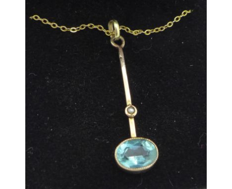 A 9ct gold, blue stone and pearl pendant and chain, 2.9g