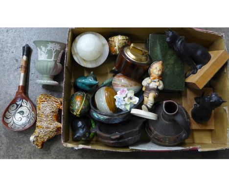 Assorted items including a Hummel figure, cat figures, onyx, Wedgwood Jasperware