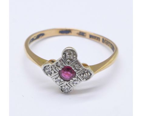 A 22ct gold, ruby and diamond Art Deco ring, 2.3g, Q