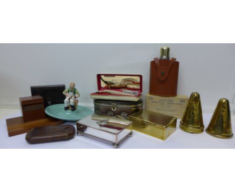 A silver plate on copper cigarette box with Queen Mary's Own Regiment badge, an inkwell/desk stand with plaque from the teak 