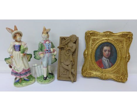A modern framed portrait picture, a figural plaque and a pair of Fitz & Floyd novelty salt and peppers, one a/f