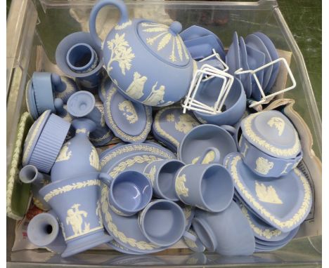 A large collection of Wedgwood Jasperware including teapot and tea ware and trinket dishes
