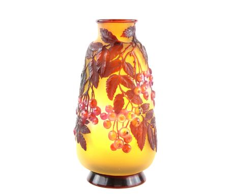 Emile Galle a soufflé mould blown cameo vase, of baluster form with high relief decoration of cherries in shades of light to 