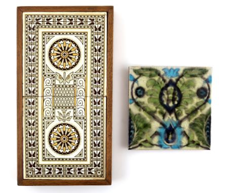 A William de Morgan Persian pattern tile, impressed marks to reverse, 15.5 x 16 cm and two Minton tiles in the manner of Chri
