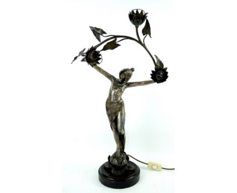 Art Nouveau figural lamp in the form of a young maiden holding a branch with floral light fittings, silvered spelter with tur