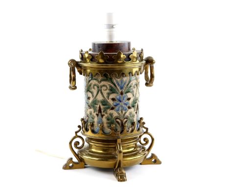 Doulton Lambeth stoneware lamp, incised formal floral decoration, in brass mount with scrolling feet and loop handles, 28cm h