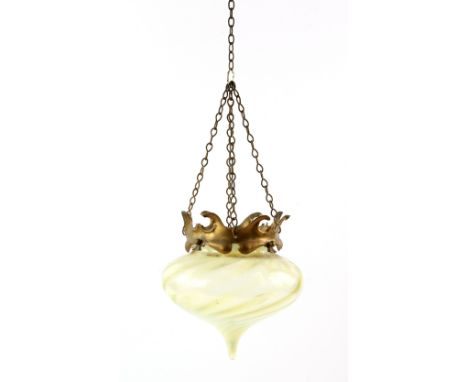 Pale yellow vaseline glass ceiling light with gilt metal mount, 23cm high,.    Overall condition good, no noticeable damage o