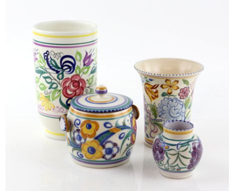 Poole pottery, a biscuit barrel in ED Fuchsia pattern, 15cm, a flared rim vase with floral design by Truda Carter circa 1930s