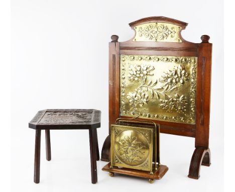A fire screen in mahogany with Aesthetic Movement brass designed with flowers within a fruit border, a similar letter rack wi