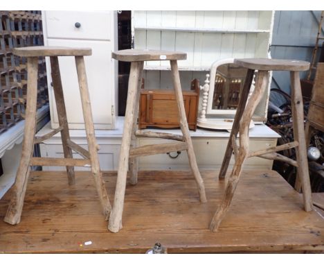 THREE STICK STYLE COUNTRY STOOLS made from salvaged timber and branch off-cuts