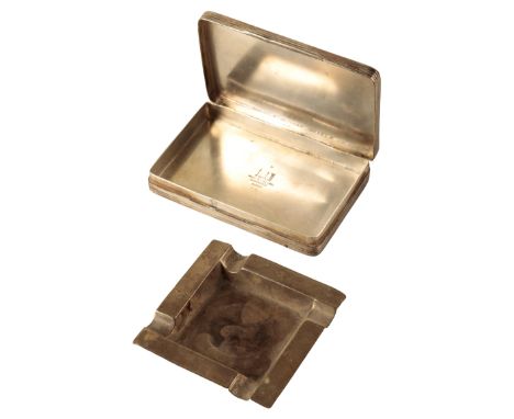 A DUNHILL SILVER PLATED CIGARETTE CASE with a silver hallmarked ashtray, with a $1 inset coin ( 2 )