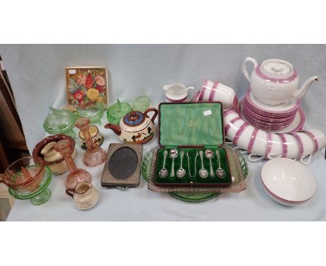 A PINK LUSTRE BANDED TEA SERVICE together with a collection of other ceramics, glassware, silver plated spoons and other item