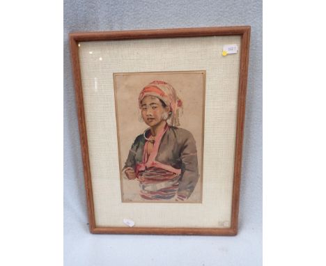 A WATERCOLOUR PORTRAIT OF AN ASIAN WOMAN 31 X 41cm