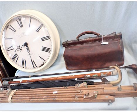 A VINTAGE EASEL, A LEATHER BAG a walking stick, a clock and sundries