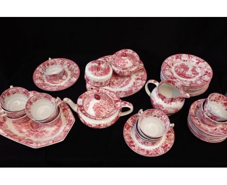 WOODS PART TEA SERVICE with English Scenic patterns, including teapot, jug, plates, cups and saucers (a lot)