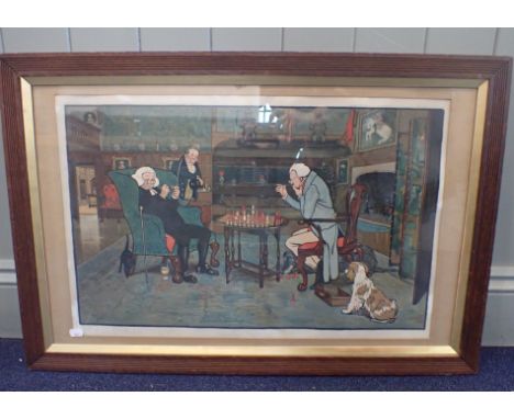 CECIL ALDIN: PLAYING CHESS print, glazed and framed, 55 x 82cms