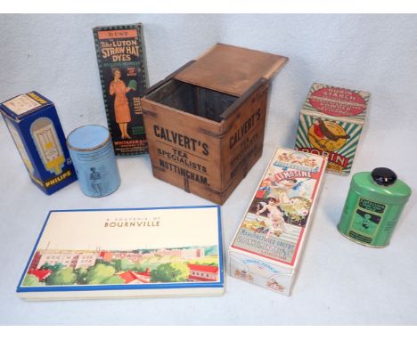 A COLLECTION OF VINTAGE COMMERCIAL PACKAGING including an unopened box of Robin starch, a miniature Calvert's Tea chest, and 