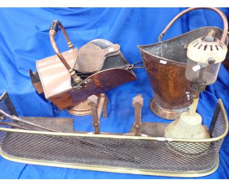 AN EARLY 19TH CENTURY BRASS FENDER 92cm wide, two coal scuttles, fire tools and other items