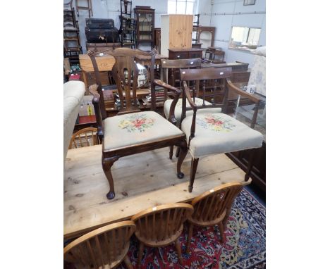 A GEORGE III 'CHIPPENDALE' STYLE ELBOW CHAIR with drop in seat, and two Hepplewhite style mahogany dining chairs (3)