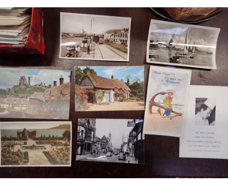 A BOX OF DORSET POSTCARDS including Weymouth, Poole, Portland, Corfe, Dorchester etc