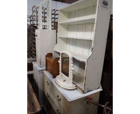 A COLLECTION OF WHITE PAINTED FURNITURE comprising chest of drawers, two cupboards, set of shelves, dressing mirror, stick st