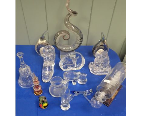 A KOSTA BODA HIPPO and other glass to include ship in a bottle, crystal bell and another Kosta boda item