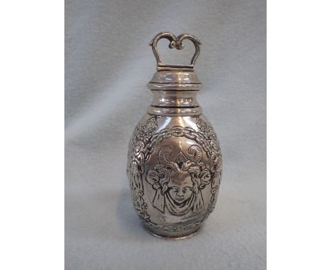 A CONTINENTAL WHITE METAL CADDY OR FLASK with repousse decoration, screw-top with hinged handle, and indistinct marks