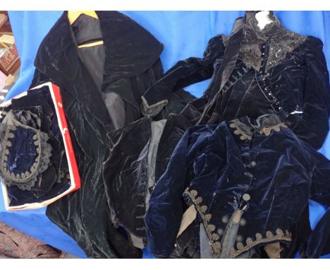 A COLLECTION OF VICTORIAN LADIES'  VELVET CLOTHING skirt, jacket, bodices, fragments, and a cord velvet coat
