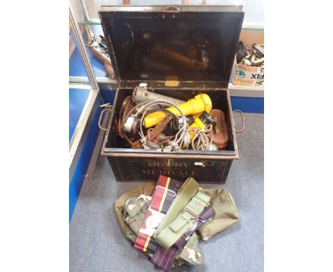 SMALL METAL TRUNK OF MILITARY ITEMS including headphones, torches and binoculars