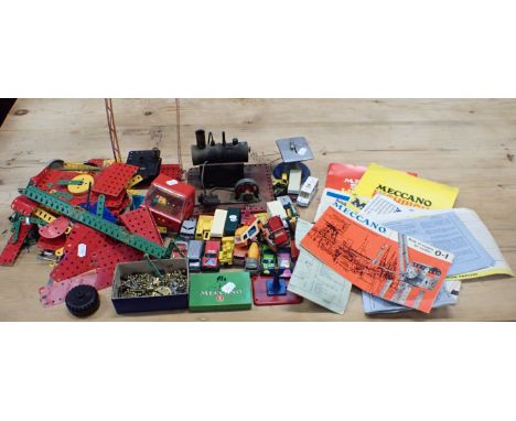 A COLLECTION OF MECCANO AND MATCHBOX CARS including engine and saw etc. (playworn), with Meccano brochures