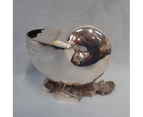 A 19TH CENTURY SILVER-PLATED NAUTILUS SPOON WARMER with engraved inscription, presented in 1868