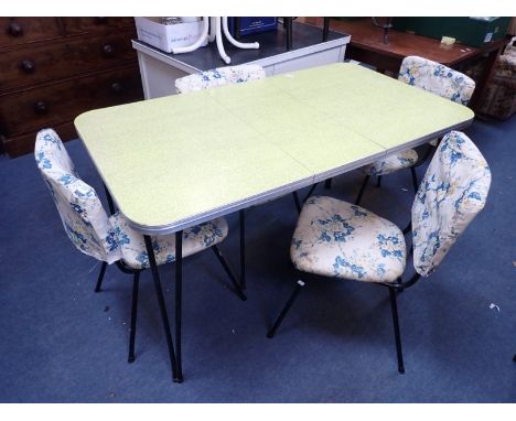 195OS FORMICA TOPPED KITCHEN TABLE WITH FOUR CHAIRS the yellow chairs have vintage fabric covers
