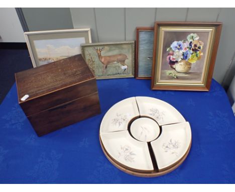A COLLECTION OF PAINTINGS AND PRINTS together with a wooden box and a Poole Pottery serving dish