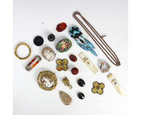 A selection of costume jewellery, including beads, gold coloured chain, cameo, banded agate jewellery components, Asian ename