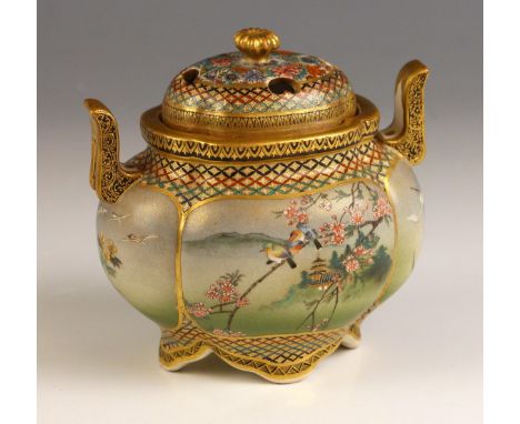 A fine Japanese Satsuma porcelain Koro and cover, Meiji Period (1868-1912), the quatrefoil shaped body extensively decorated 