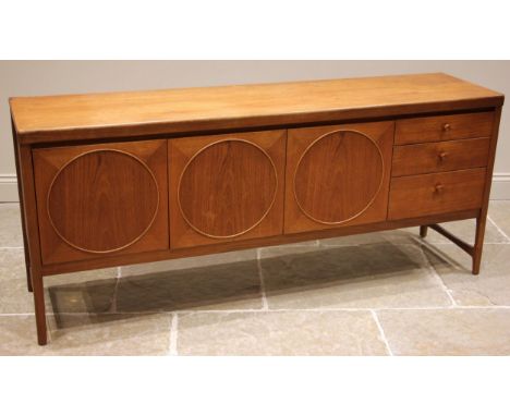 A mid 20th century modern Patrick Lee for Nathan teak 'Circles' sideboard, the three cupboard doors applied with roundel bead