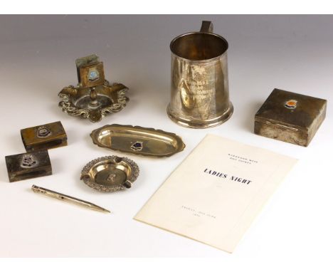 ROYAL NAVY INTEREST: A selection of silver plated and base metal mess items, including a silver propelling pencil engraved ‘H