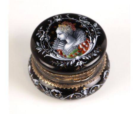 A continental black enamel patch box, probably Limoges, 19th century, of waisted form, the hinged cover finely enamelled with