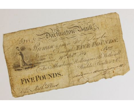 Darlington Bank (Mowbray, Hollingsworth, Wetherall, Shields, Boulton &amp; Co.), 5 pounds, 19th October 1814, serial number B