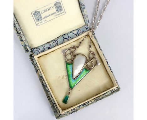 An Art Nouveau enamel pendant, the central blister pearl in rubover mount, encompassed by green and blue enamel set pendant i